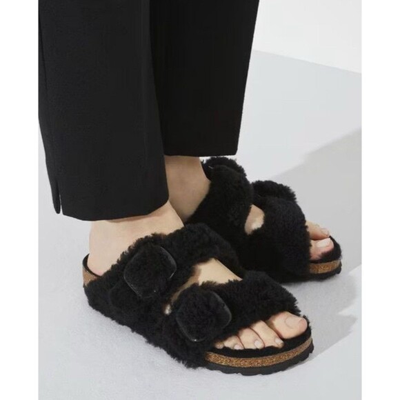 Birkenstock Arizona Sandals Women Black Big Buckle Shearling Teddy US 11 EU 42